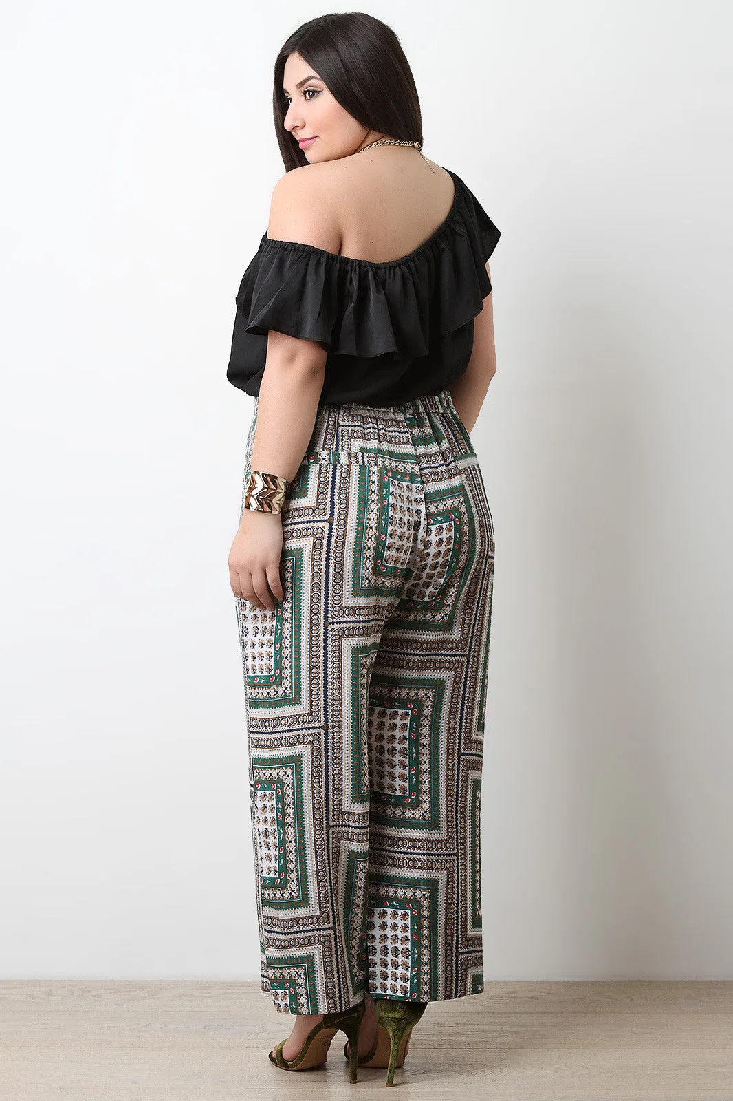 Textured Mixed Print Wide Leg Pants