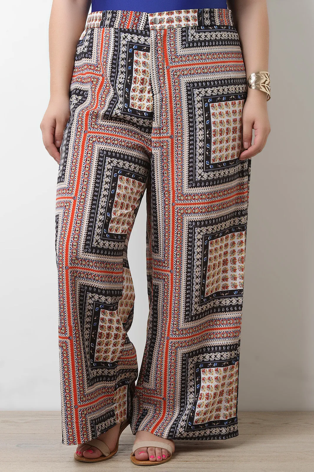 Textured Mixed Print Wide Leg Pants