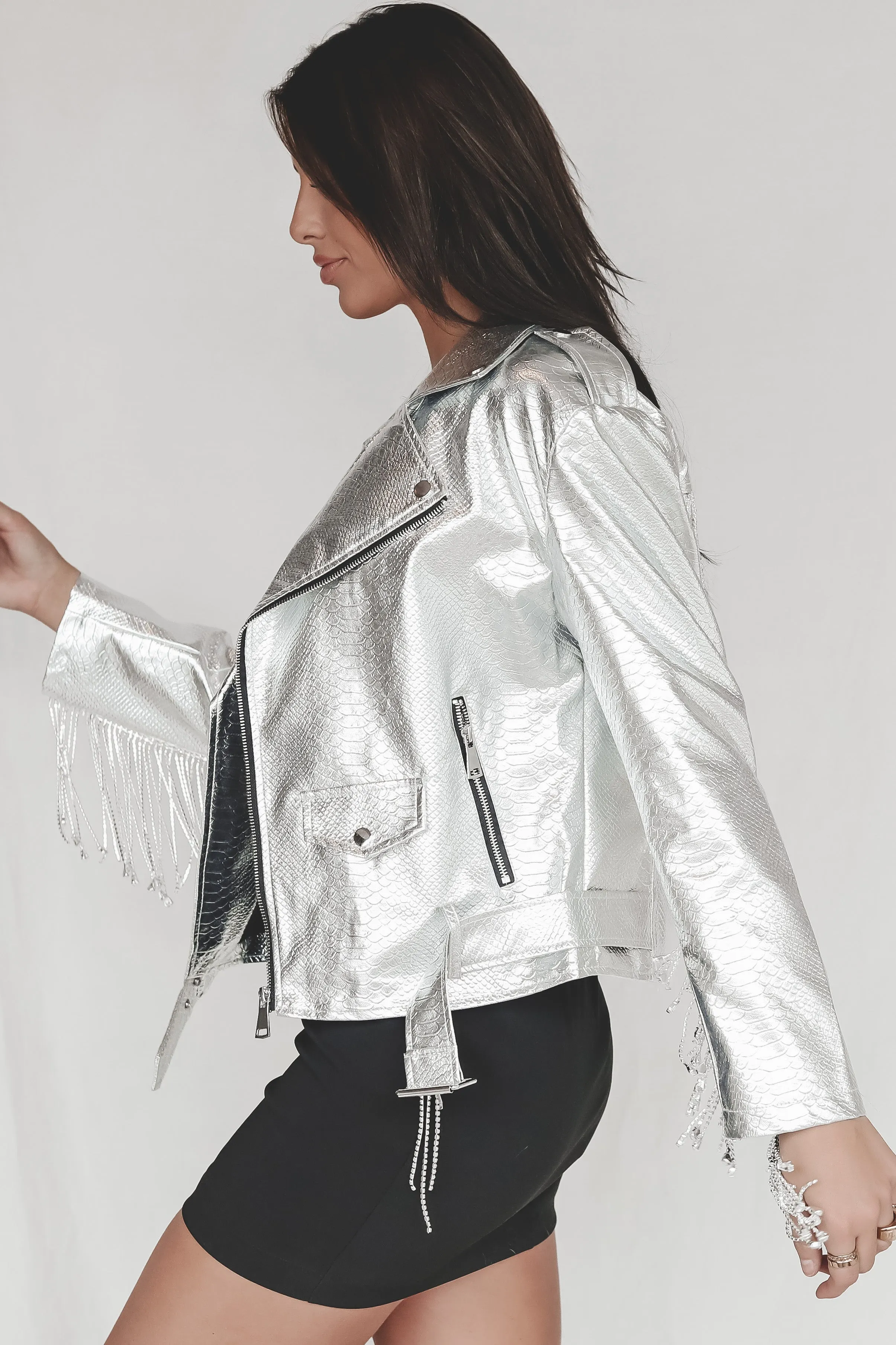 The Stage Is Ready Silver Rhinestone Fringe Leather Jacket