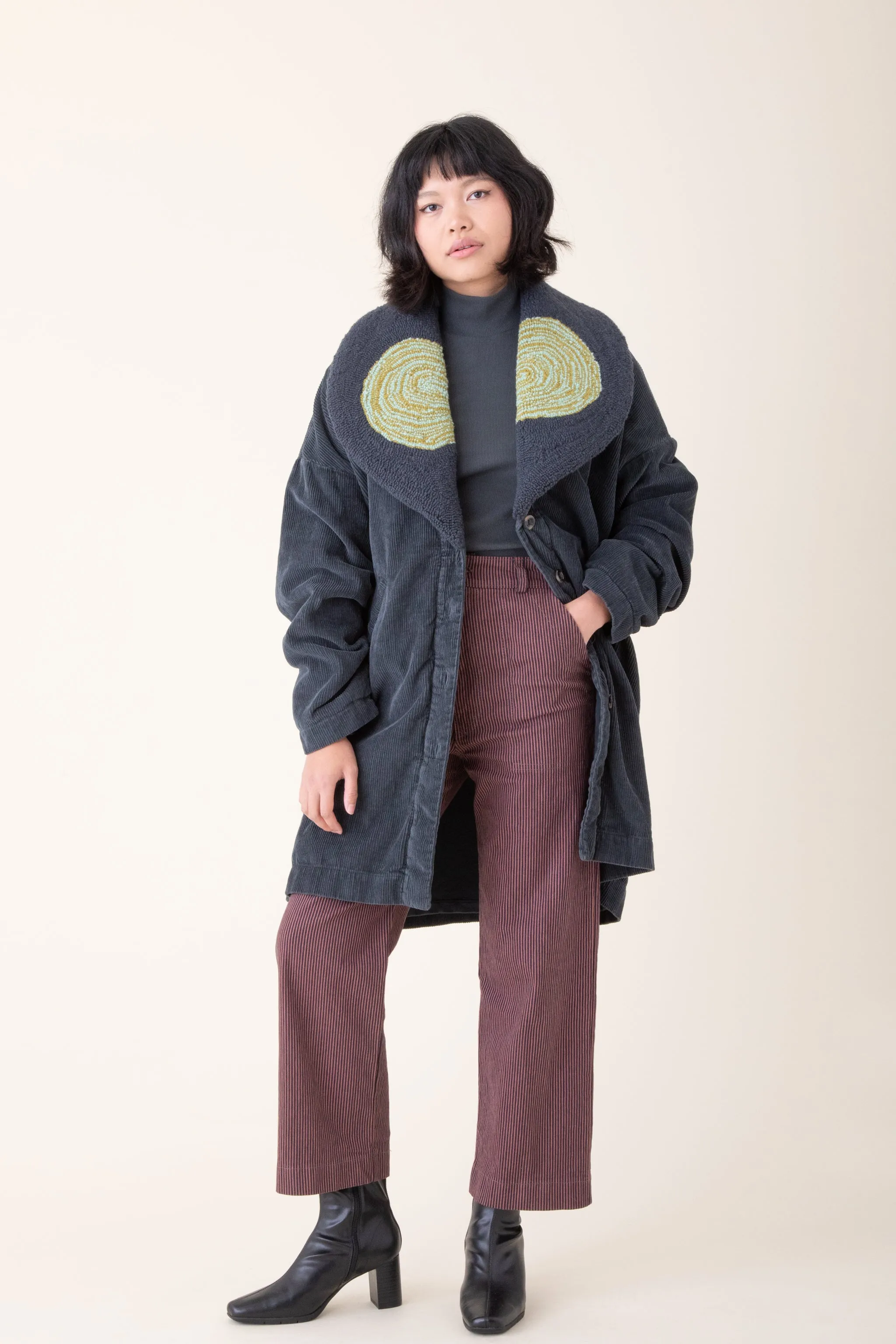 Tufted Deco Coat in Drab with Multi Blue/Yellow Colored Collar