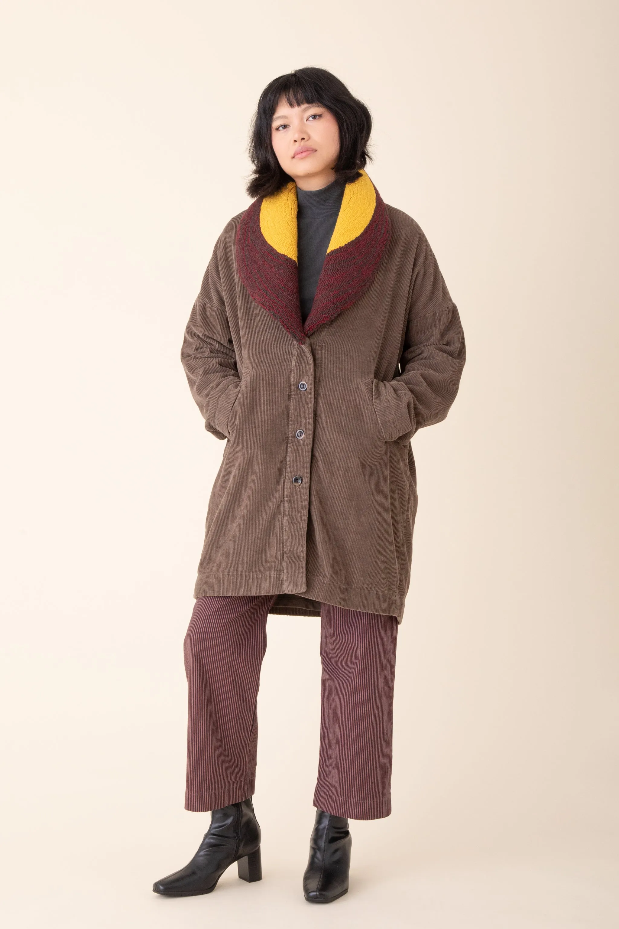 Tufted Deco Coat in Olive with Multi Yellow Colored Collar