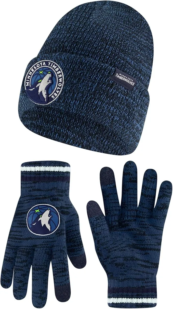 Ultra Game NBA Official Youth Super Soft Winter Beanie Knit Hat with Extra Warm Touch Screen Gloves, Minnesota Timberwolves, Team Color|Minnesota Timberwolves