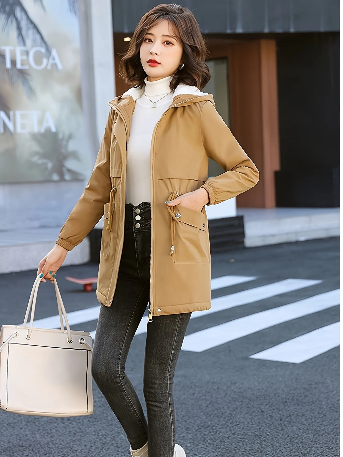 Warm & Cozy Elegant Parka Coat - Cotton-Padded Jacket Coat with Hood, 100% Polyester, Fleece Lined, Zipper, Regular Sleeve, Solid Color, Loose Fit, Padded, Winter Outerwear for Women