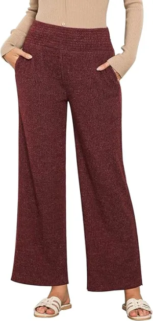 Wine Red  Women's Ankle-Length High-Waist Pants Relaxed Fit Wide-Leg Pull-On Side Pocket