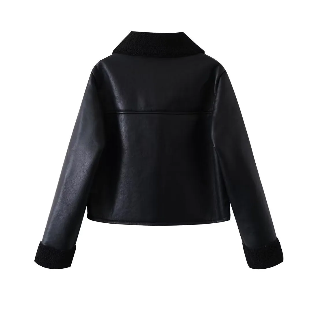 Women Leather Ring Loop Coat Black Short