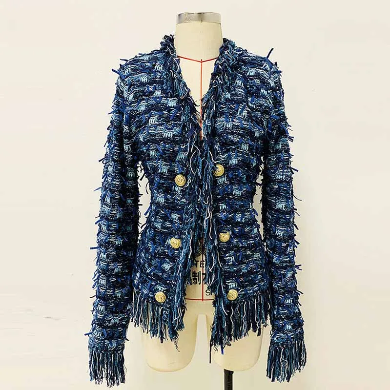 Women Tweed Jacket With Fringe And Gold-tone Double-breasted Cardigan Jacket