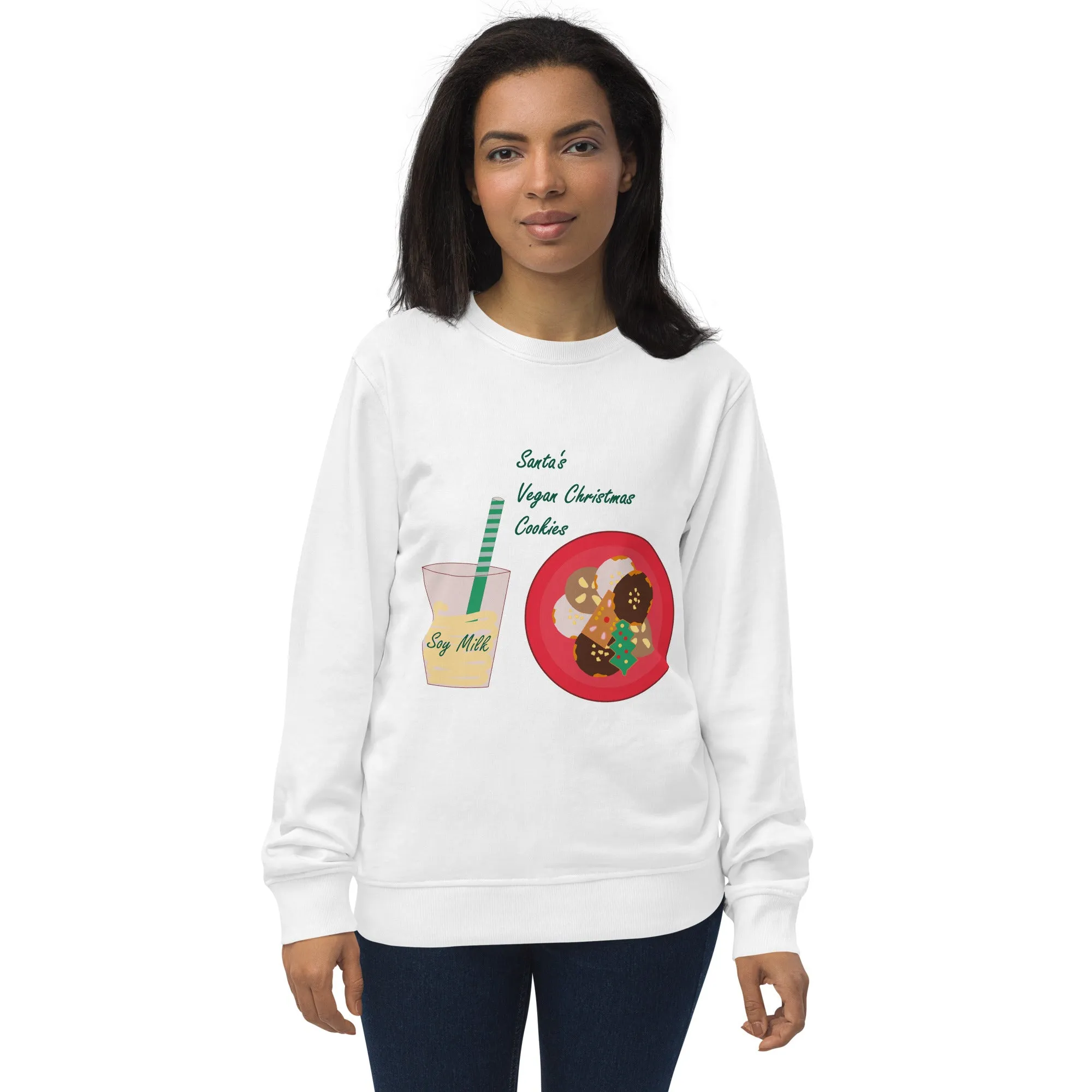 Women's Organic Cotton Christmas Sweatshirt - Santa’s Vegan Cookies Design