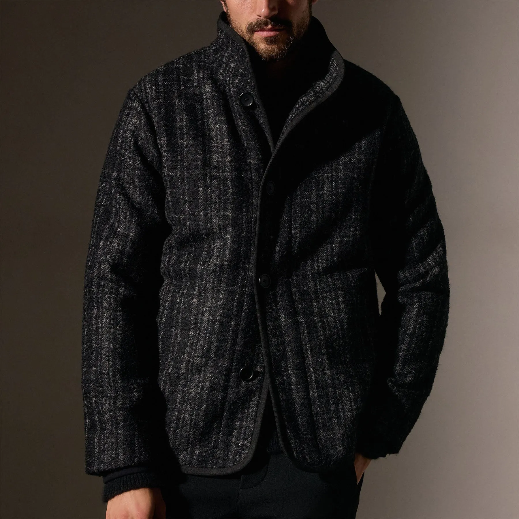 Wool Blend Plaid Car Coat - Black/Grey Plaid