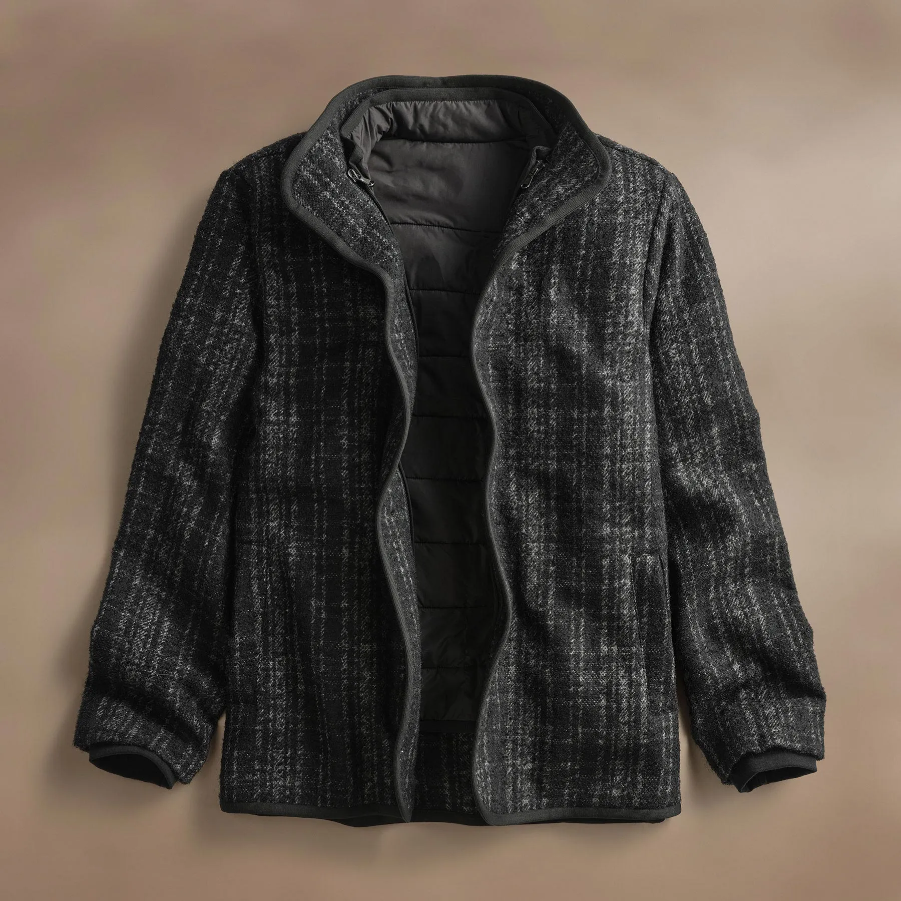 Wool Blend Plaid Car Coat - Black/Grey Plaid