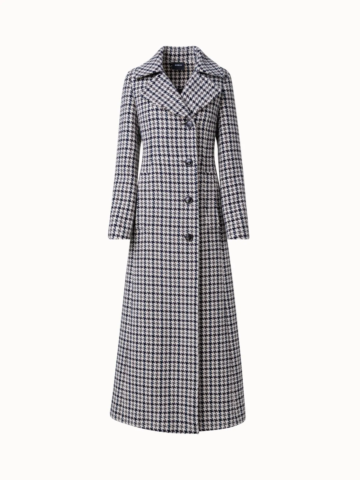 Wool Long Coat with Houndstooth Pattern