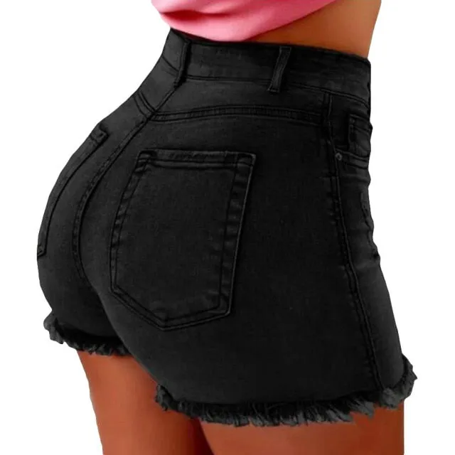 Yeknu Women's denim shorts Summer Lady Clothing High Waist Denim Shorts Women's  Fringe Frayed Ripped Jeans Hot Shorts With Pockets