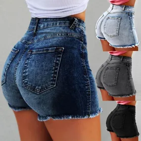 Yeknu Women's denim shorts Summer Lady Clothing High Waist Denim Shorts Women's  Fringe Frayed Ripped Jeans Hot Shorts With Pockets